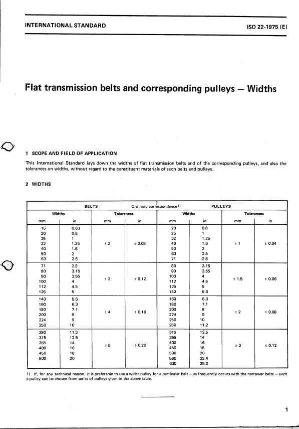 ISO 22:1975 - Flat transmission belts and corresponding pulleys -- Widths
