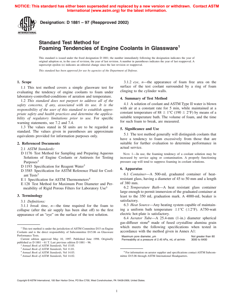 ASTM D1881-97(2002) - Standard Test Method for Foaming Tendencies of Engine Coolants in Glassware