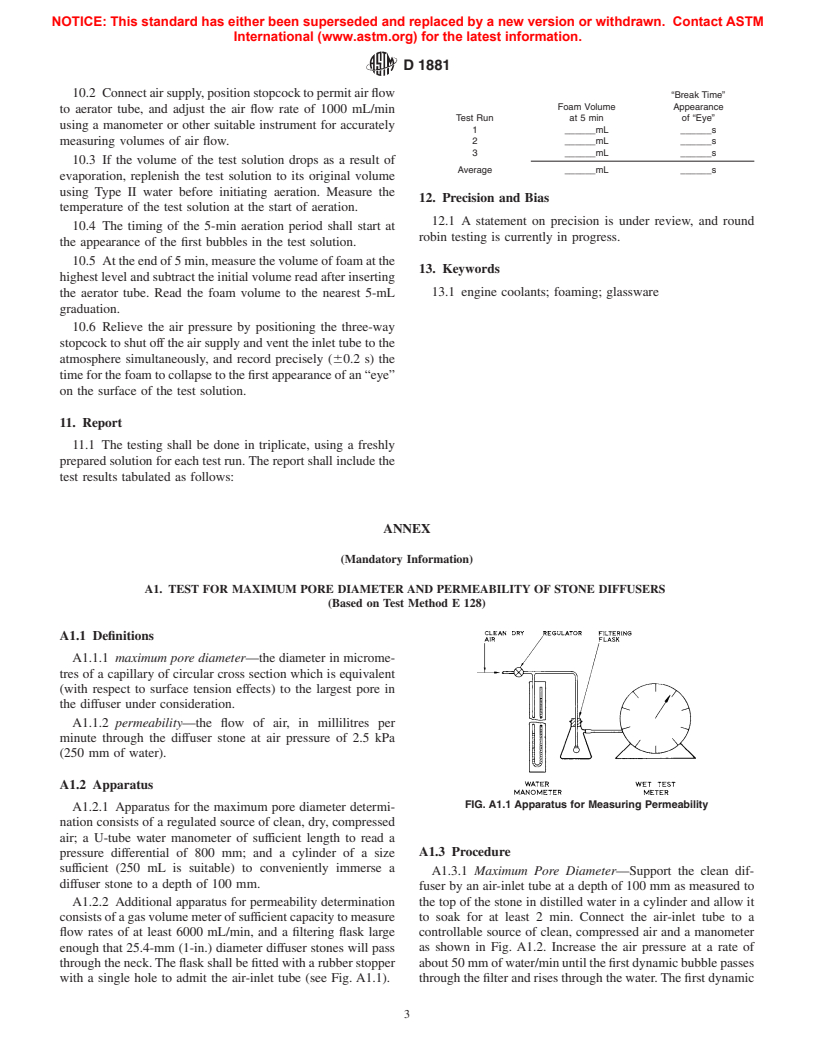 ASTM D1881-97(2002) - Standard Test Method for Foaming Tendencies of Engine Coolants in Glassware