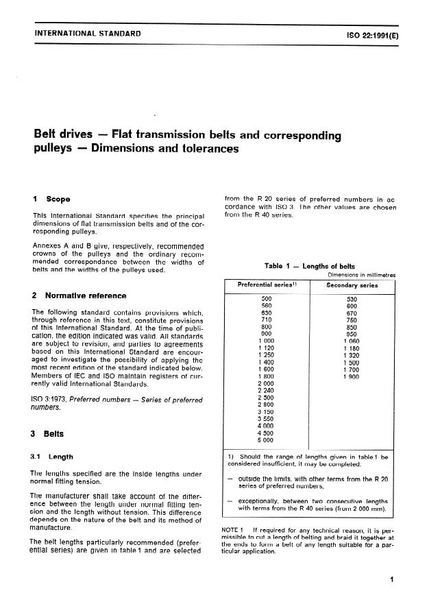 ISO 22:1991 - Belt drives -- Flat transmission belts and corresponding pulleys -- Dimensions and tolerances