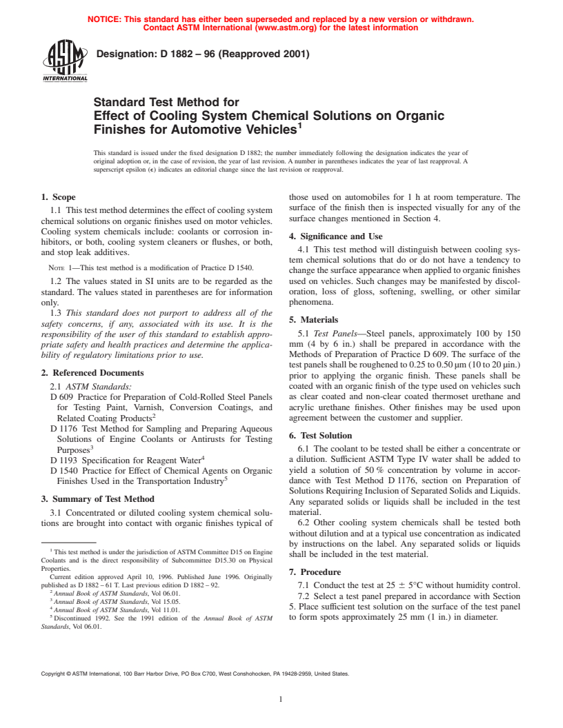 ASTM D1882-96(2001) - Standard Test Method for Effect of Cooling System Chemical Solutions on Organic Finishes for Automotive Vehicles