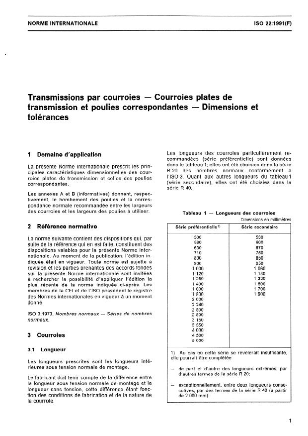 ISO 22:1991 - Transmissions par courroies -- Courroies plates de transmission et poulies correspondantes -- Dimensions et tolérances