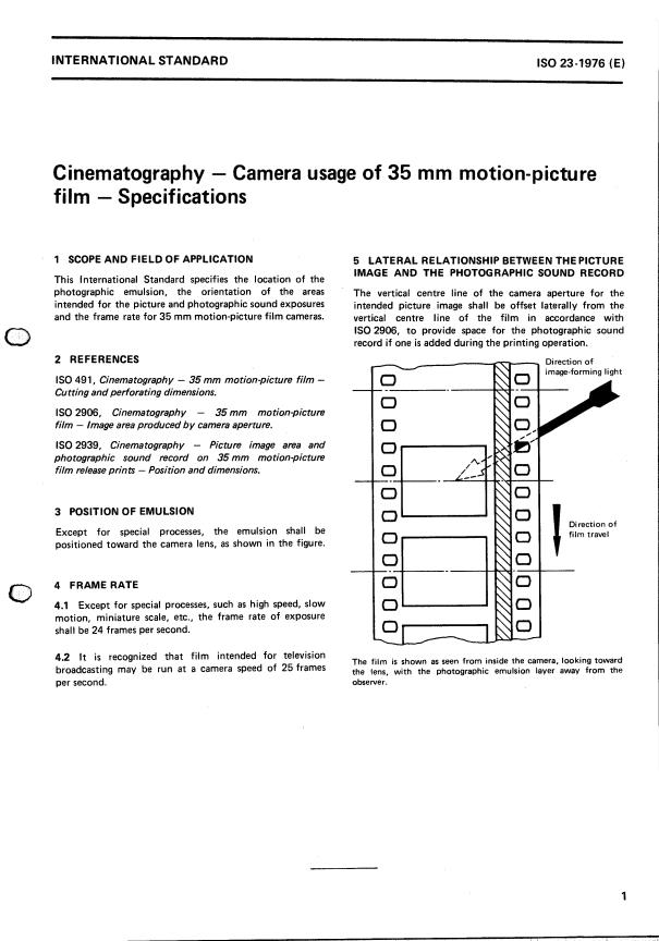 ISO 23:1976 - Cinematography -- Camera usage of 35 mm motion- picture film -- Specifications