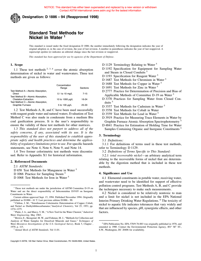 ASTM D1886-94(1998) - Standard Test Methods for Nickel in Water