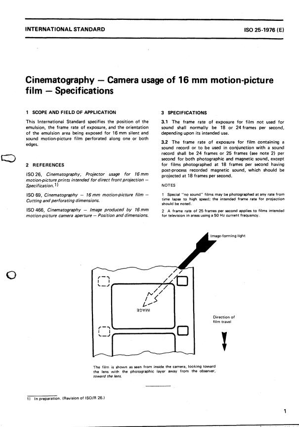 ISO 25:1976 - Cinematography -- Camera usage of 16 mm motion-picture film -- Specifications