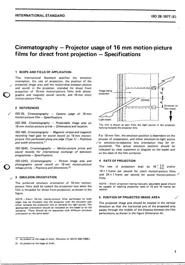 ISO 26:1977 - Cinematography -- Projector usage of 16 mm motion-picture films for direct front projection -- Specifications