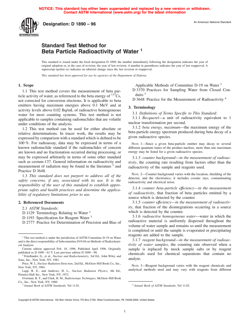 ASTM D1890-96 - Standard Test Method for Beta Particle Radioactivity of Water