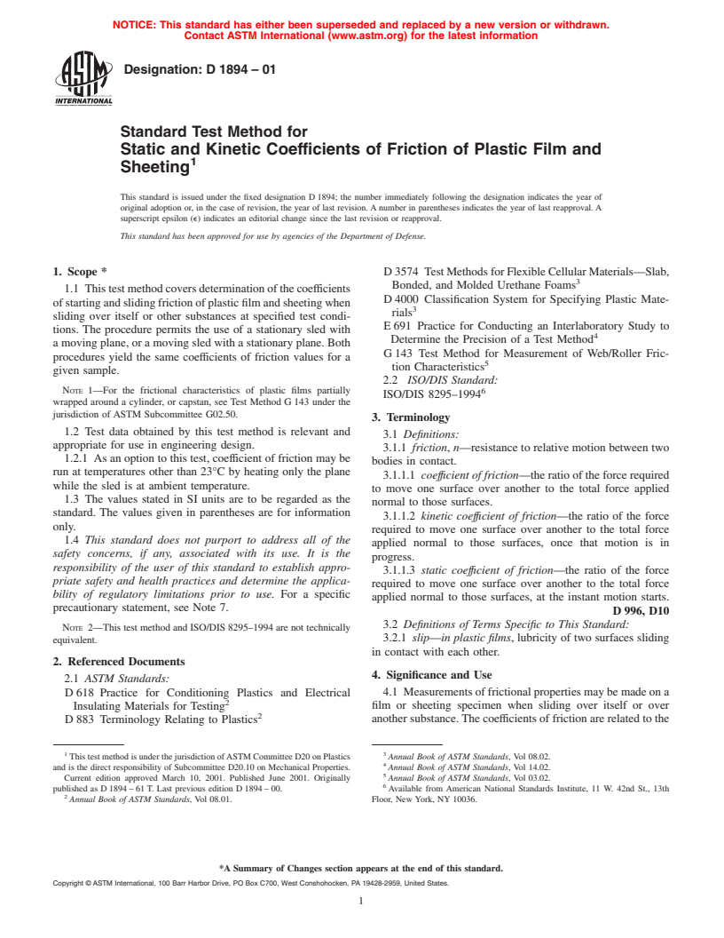 ASTM D1894-01 - Standard Test Method for Static and Kinetic Coefficients of Friction of Plastic Film and Sheeting