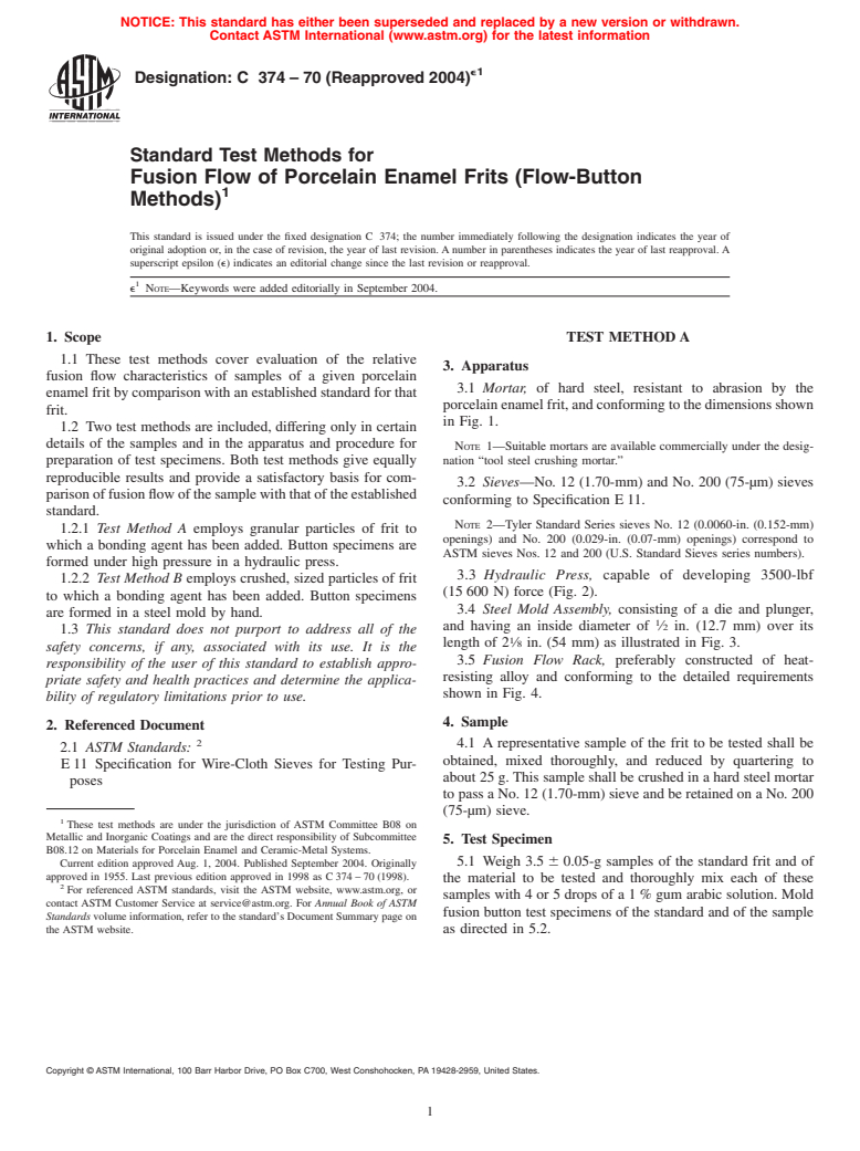 ASTM C374-70(2004)e1 - Standard Test Methods for Fusion Flow of Porcelain Enamel Frits (Flow-Button Methods)