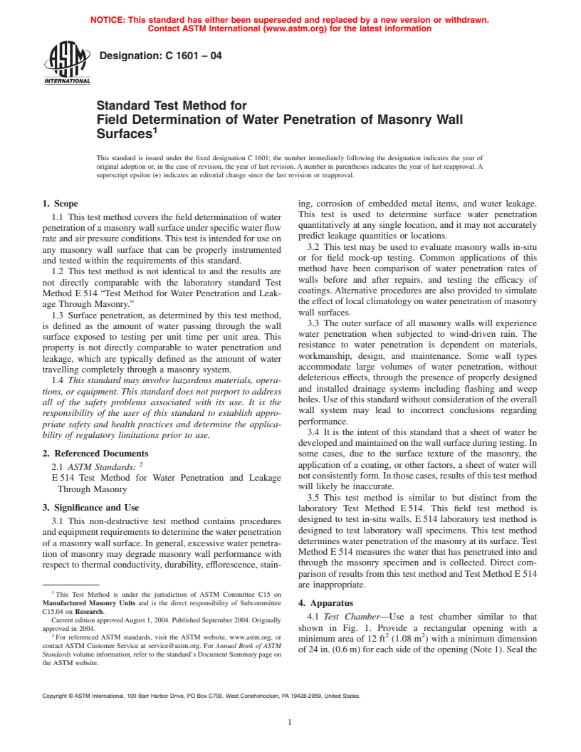 ASTM C1601-04 - Standard Test Method for Field Determination of Water Penetration of Masonry Wall Surfaces