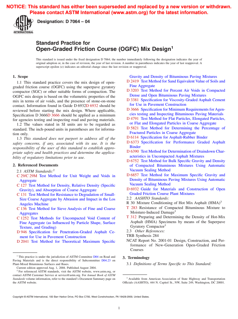 ASTM D7064-04 - Standard Practice for Open-Graded Friction Course (OGFC) Mix Design