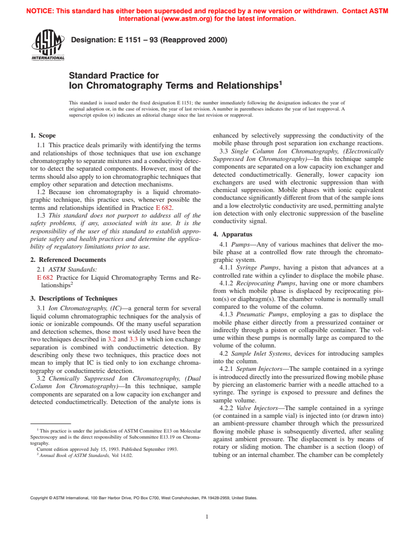 ASTM E1151-93(2000) - Standard Practice for Ion Chromatography Terms and Relationships