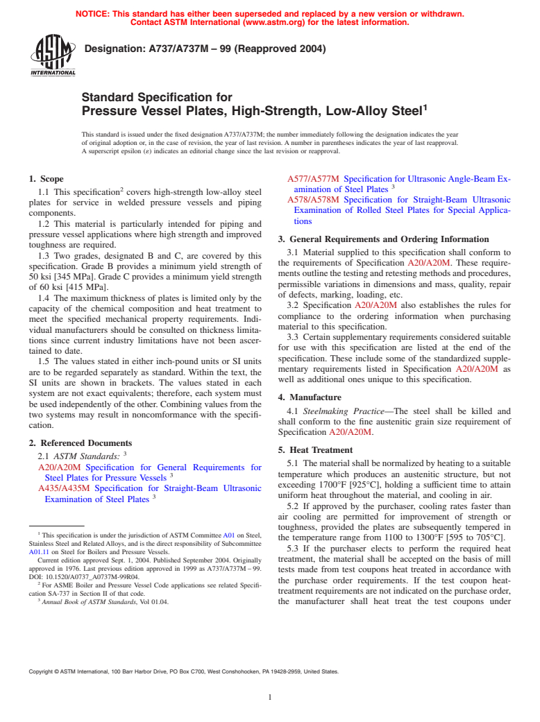 ASTM A737/A737M-99(2004) - Standard Specification for Pressure Vessel Plates, High-Strength, Low-Alloy Steel