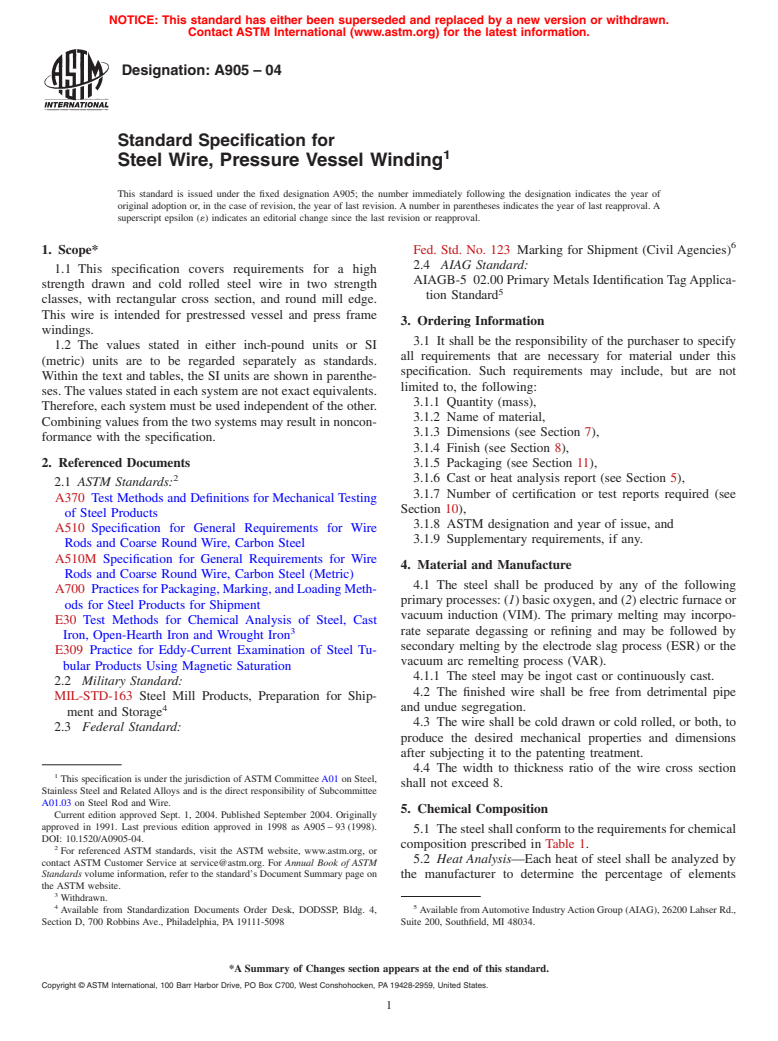 ASTM A905-04 - Standard Specification for Steel Wire, Pressure Vessel Winding