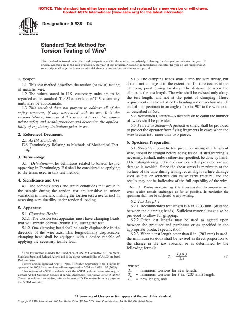 ASTM A938-04 - Standard Test Method for Torsion Testing of Wire