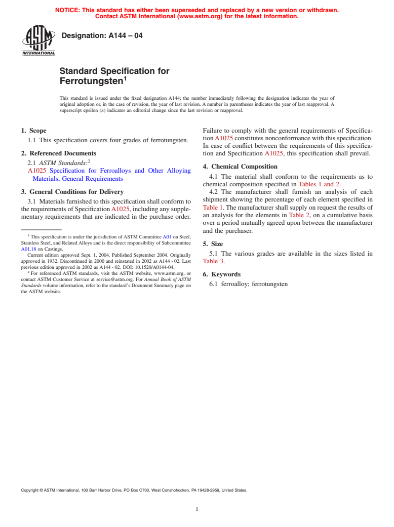 ASTM A144-04 - Specification for Ferrotungsten