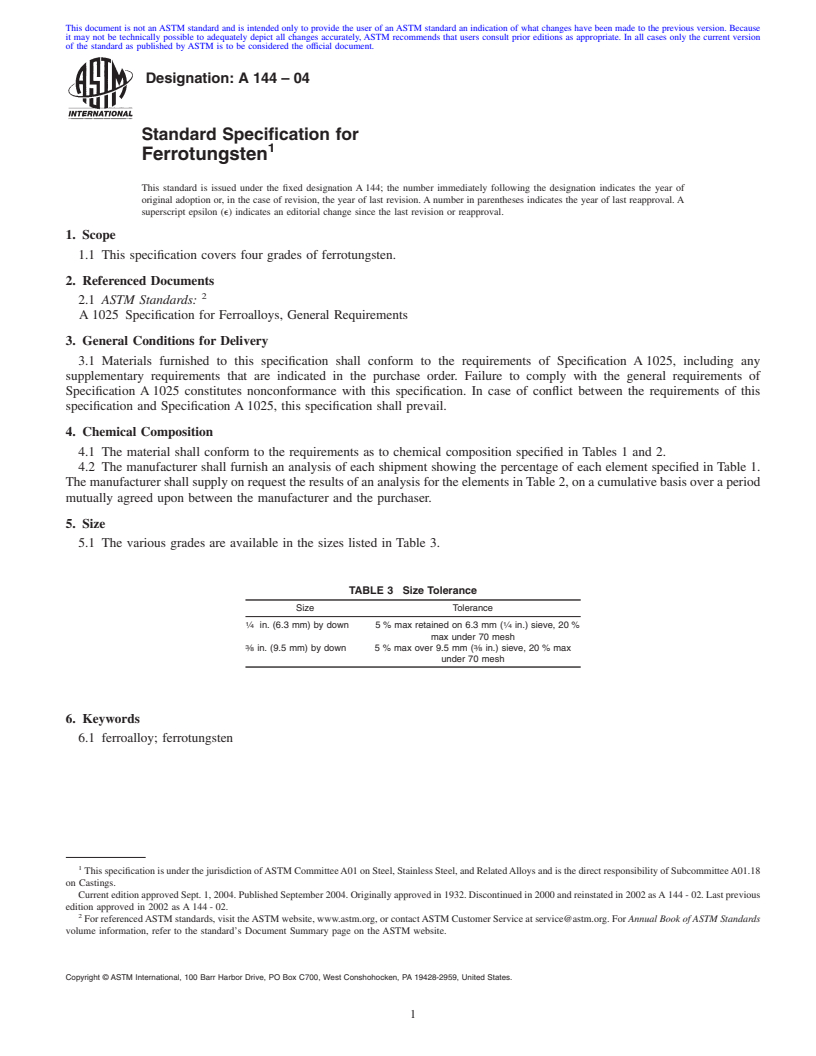 REDLINE ASTM A144-04 - Specification for Ferrotungsten