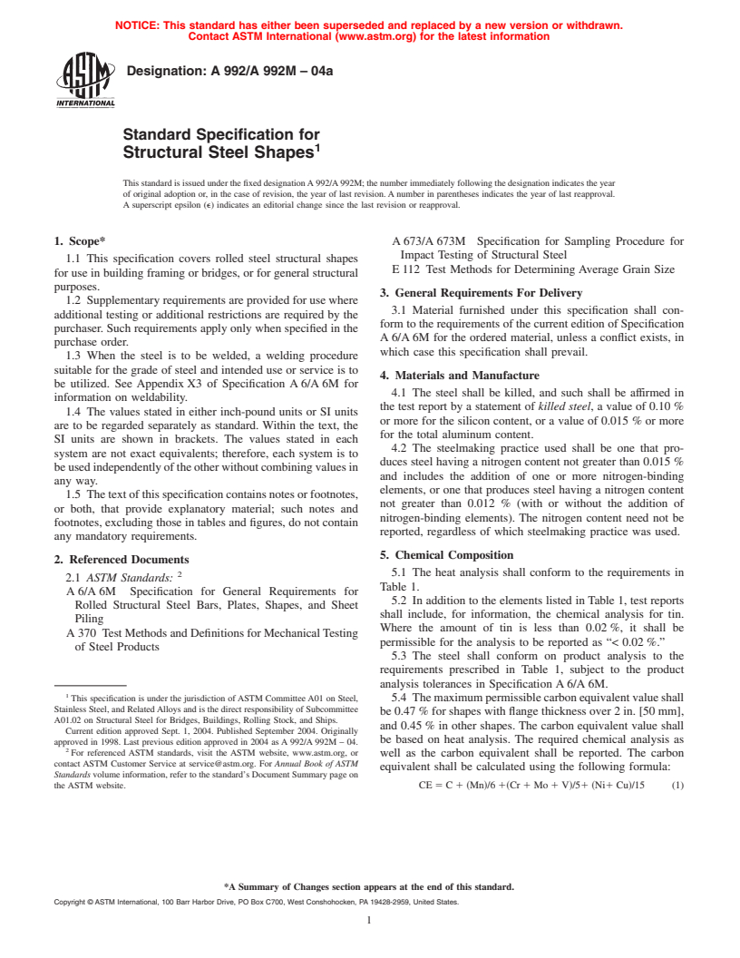ASTM A992/A992M-04a - Standard Specification for Structural Steel Shapes