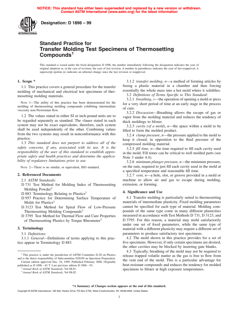 ASTM D1896-99 - Standard Practice for Transfer Molding Test Specimens of Thermosetting Compounds