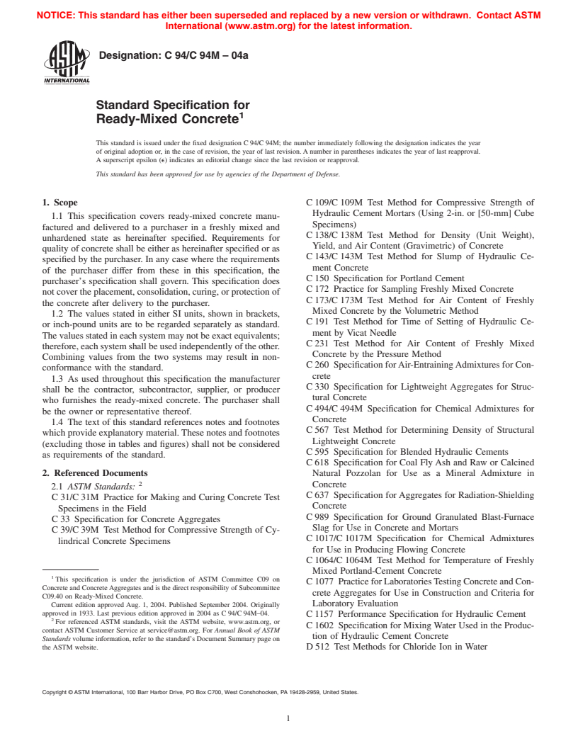 ASTM C94/C94M-04a - Standard Specification for Ready-Mixed Concrete