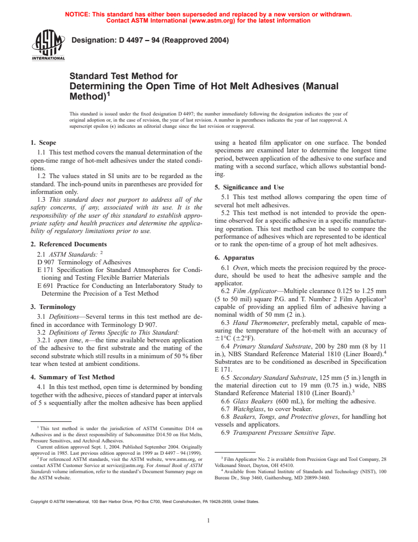 ASTM D4497-94(2004) - Standard Test Method for Determining the Open Time of Hot Melt Adhesives (Manual Method)