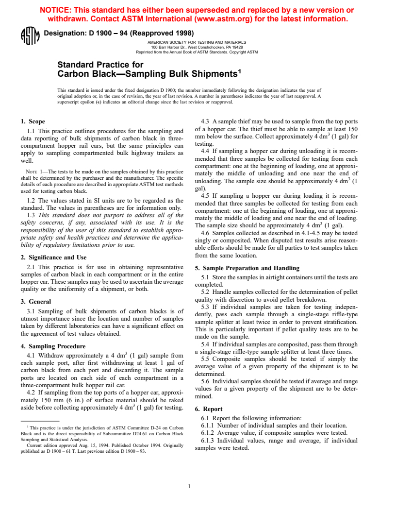 ASTM D1900-94(1998) - Standard Practice for Carbon Black-Sampling Bulk Shipments