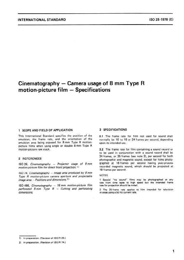 ISO 28:1976 - Cinematography -- Camera usage of 8 mm Type R motion-picture film -- Specifications