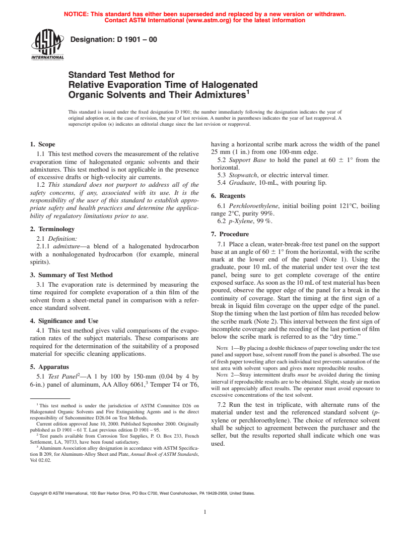 ASTM D1901-00 - Standard Test Method for Relative Evaporation Time of Halogenated Organic Solvents and Their Admixtures