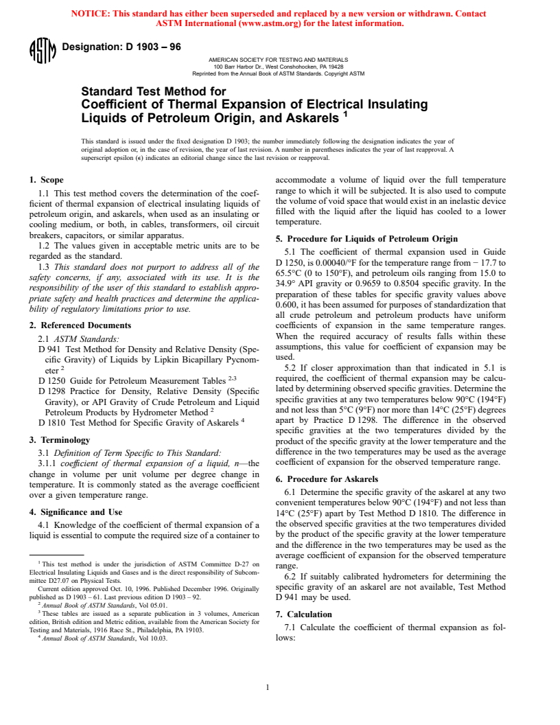 ASTM D1903-96 - Standard Test Method for Coefficient of Thermal Expansion of Electrical Insulating Liquids of Petroleum Origin, and Askarels