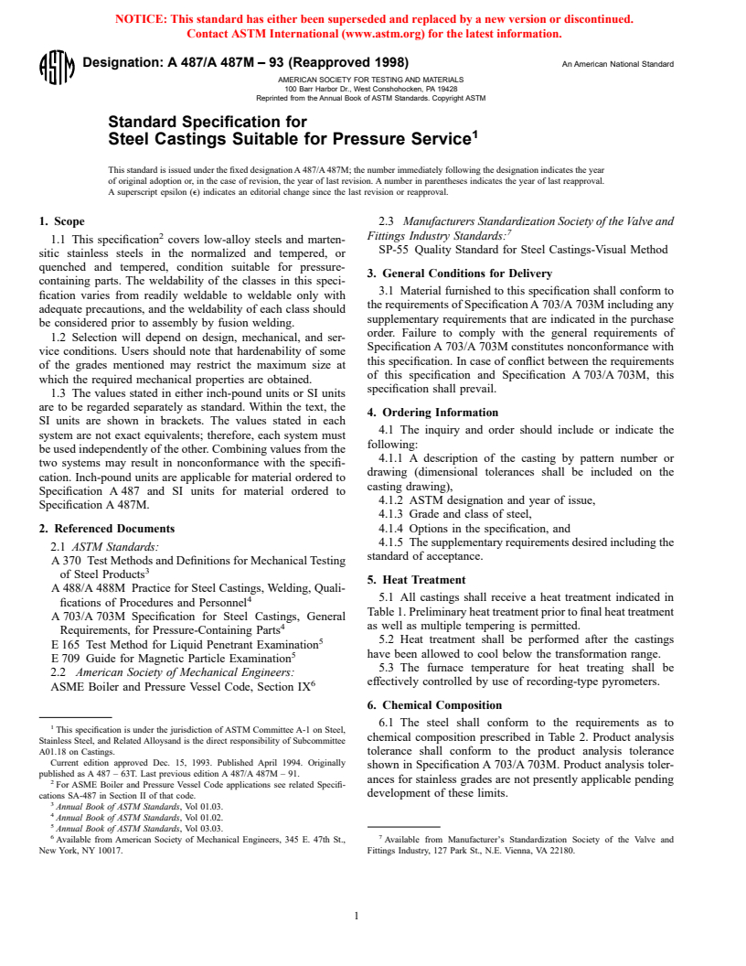 ASTM A487/A487M-93(1998) - Standard Specification for Steel Castings Suitable for Pressure Service