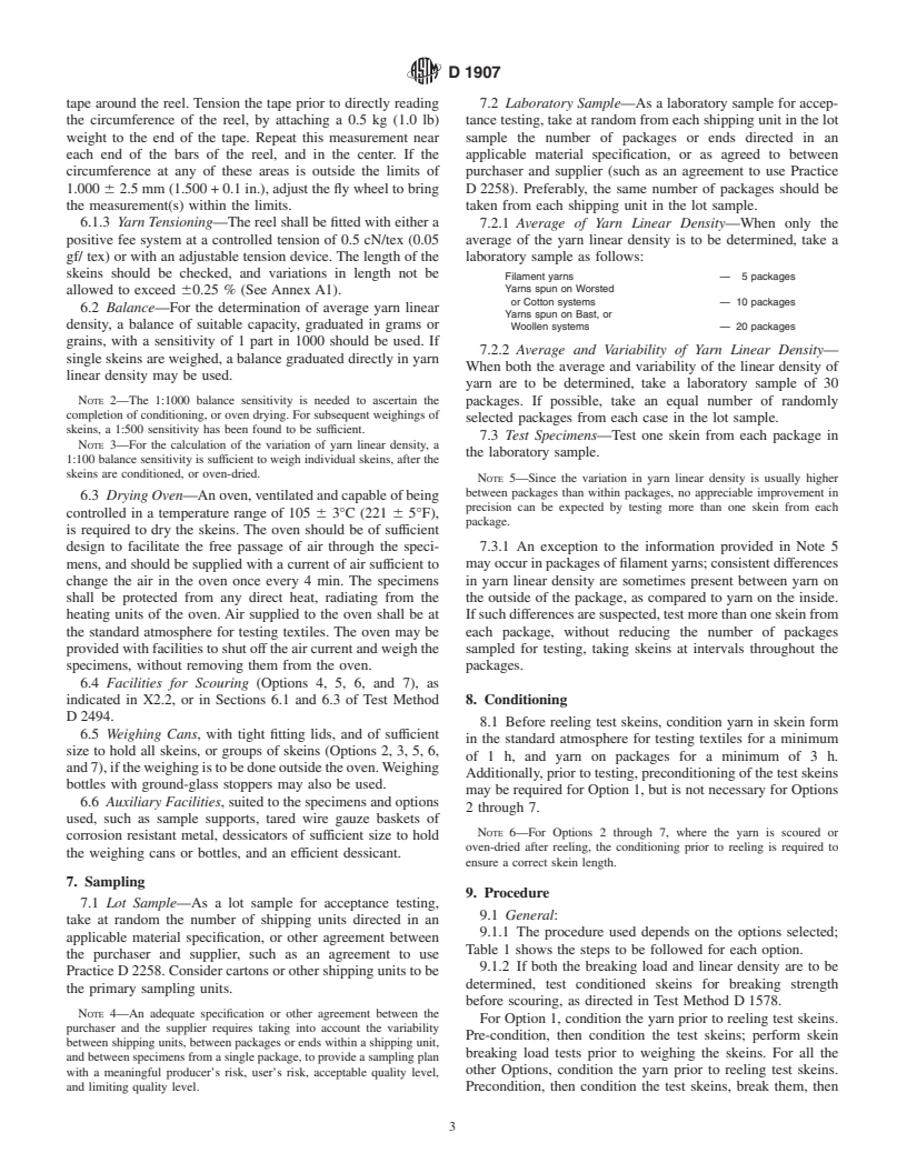 ASTM D1907-01 - Standard Test Method for Linear Density of Yarn (Yarn Number) by the Skein Method