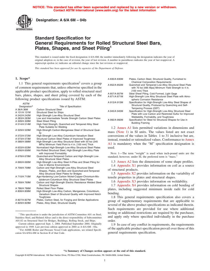 ASTM A6/A6M-04b - Standard Specification for General Requirements for Rolled Structural Steel Bars, Plates, Shapes, and Sheet Piling