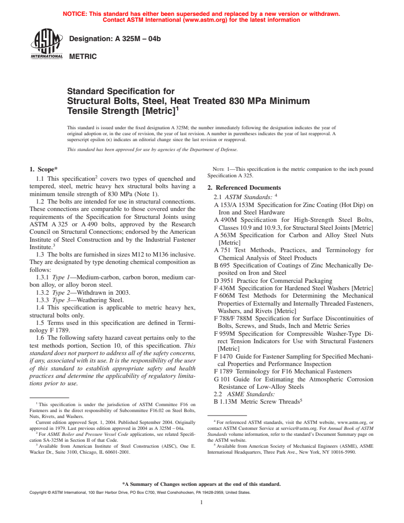 ASTM A325M-04b - Standard Specification For Structural Bolts, Steel ...