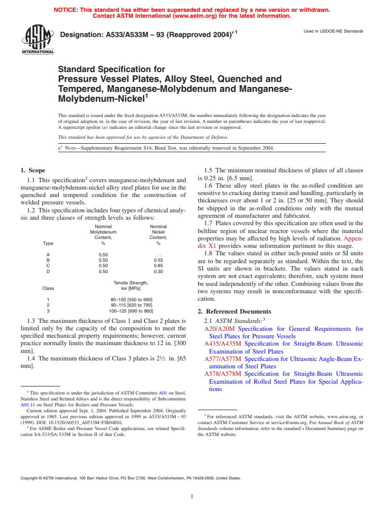 ASTM A533/A533M-93(2004)e1 - Standard Specification for Pressure Vessel Plates, Alloy Steel, Quenched and Tempered, Manganese-Molybdenum and Manganese-Molybdenum-Nickel