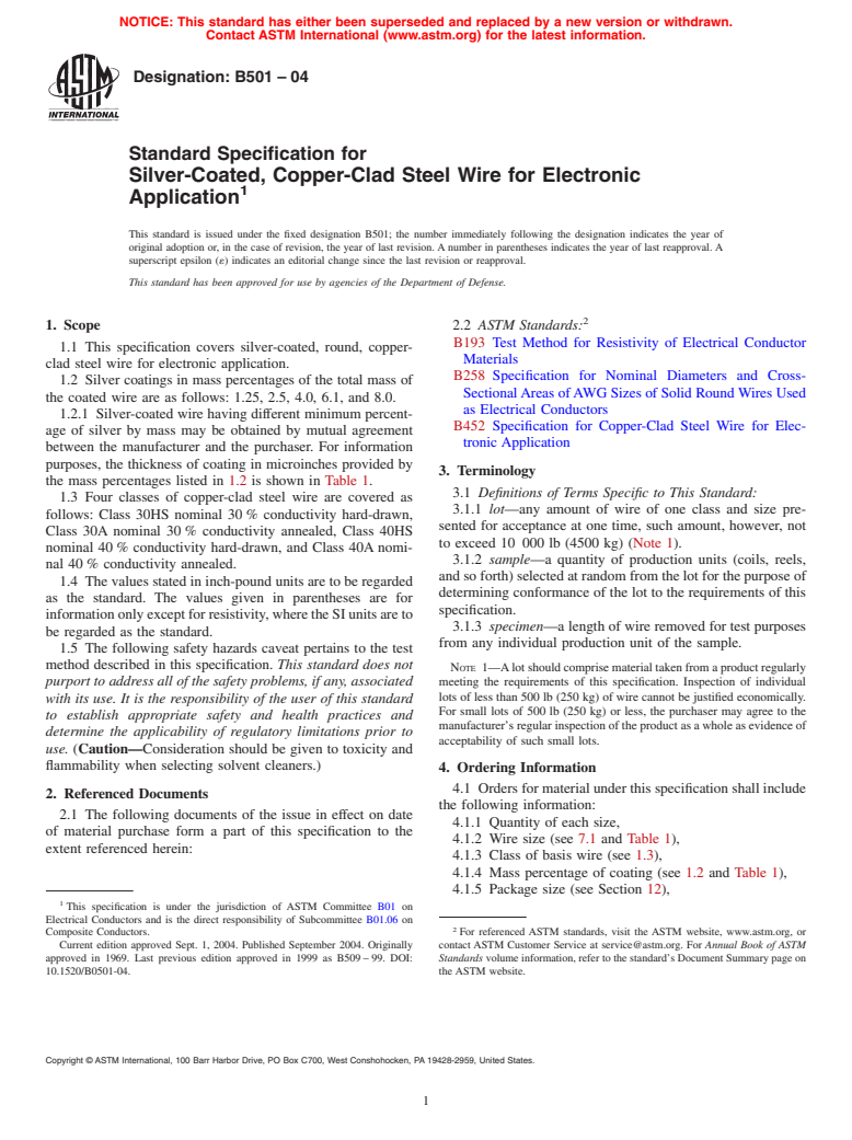 ASTM B501-04 - Standard Specification for Silver-Coated, Copper-Clad Steel Wire for Electronic Application