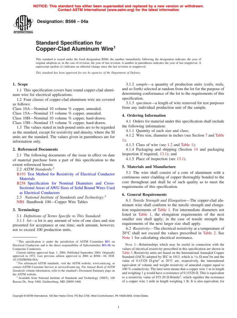 ASTM B566-04a - Standard Specification for Copper-Clad Aluminum Wire