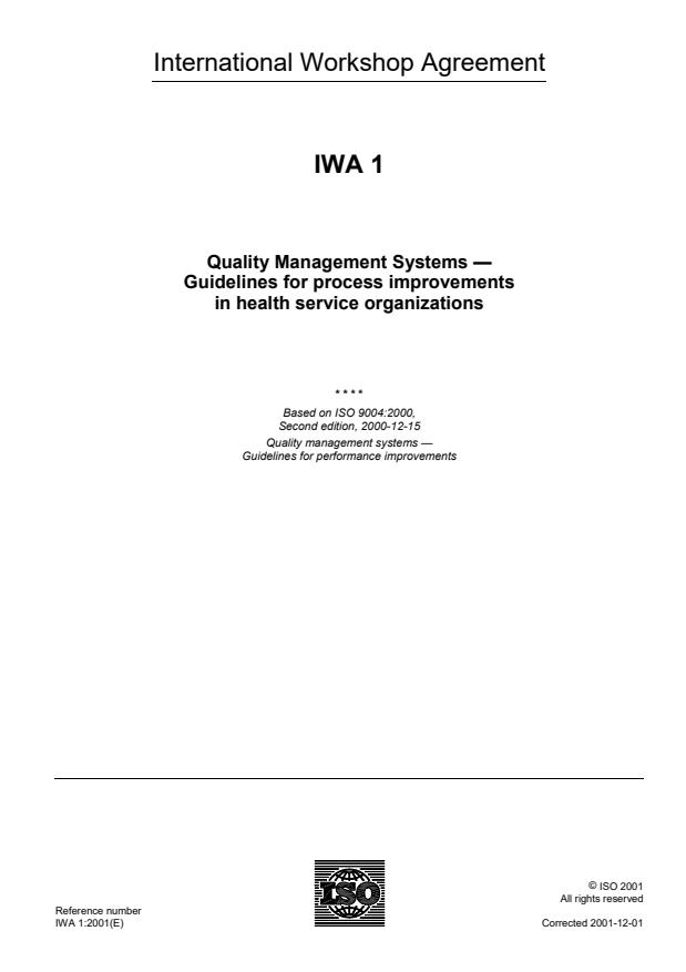 IWA 1:2001 - Quality management systems -- Guidelines for process improvements in health service organizations