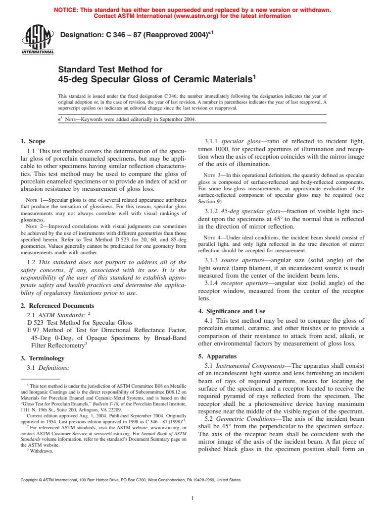 ASTM C346-87(2004)e1 - Standard Test Method for 45-deg Specular Gloss of Ceramic Materials