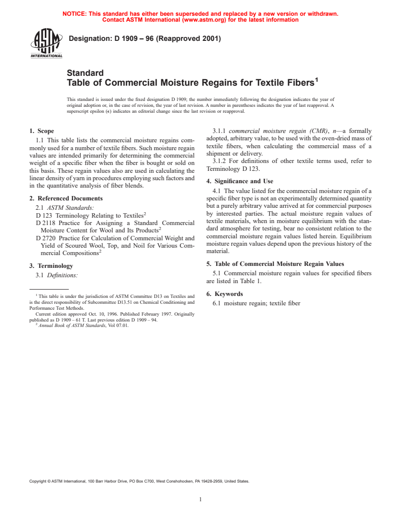 ASTM D1909-96(2001) - Standard Table of Commercial Moisture Regains for Textile Fibers