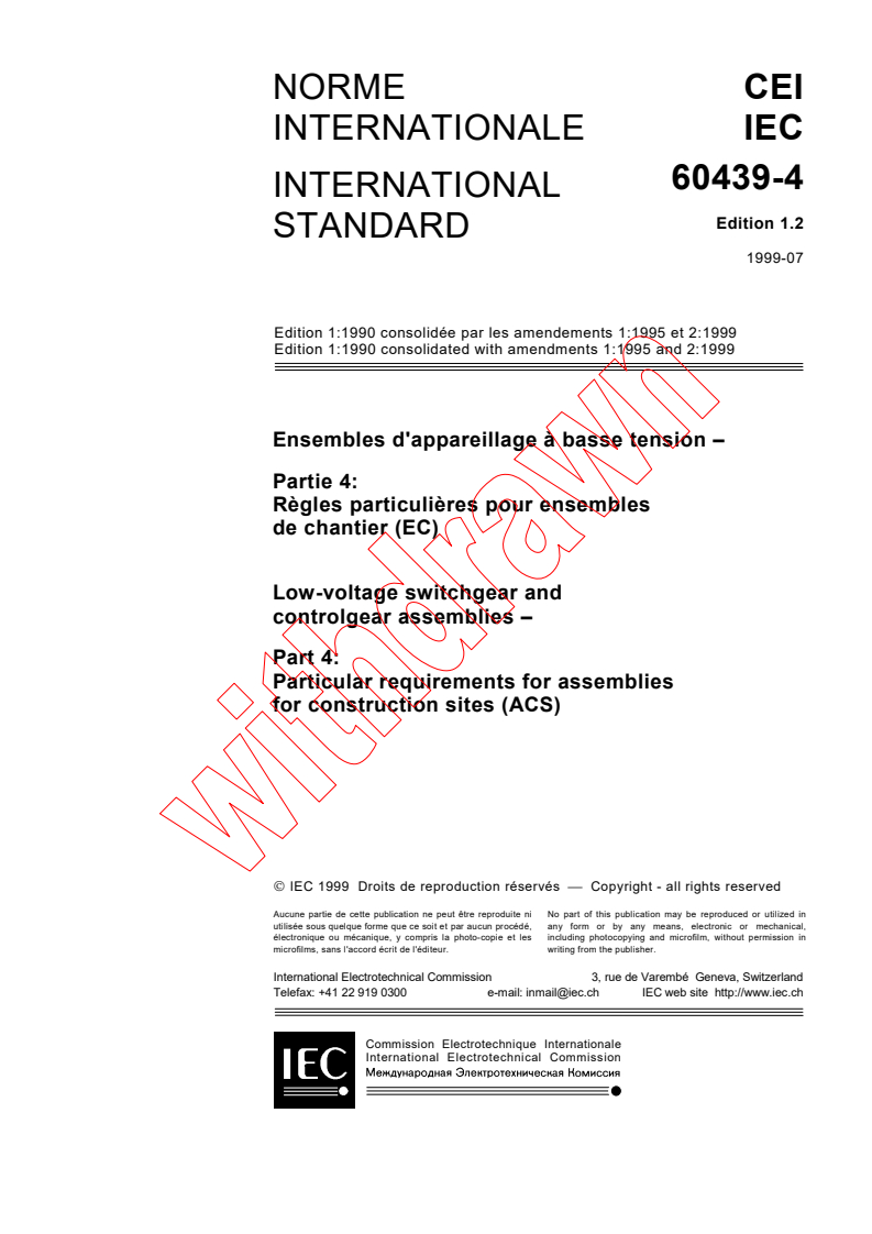 IEC 60439-4:1990+AMD1:1995+AMD2:1999 CSV - Low-voltage switchgear and controlgear assemblies - Part 4: Particular requirements for assemblies for construction sites (ACS)
Released:7/16/1999
Isbn:2831848512