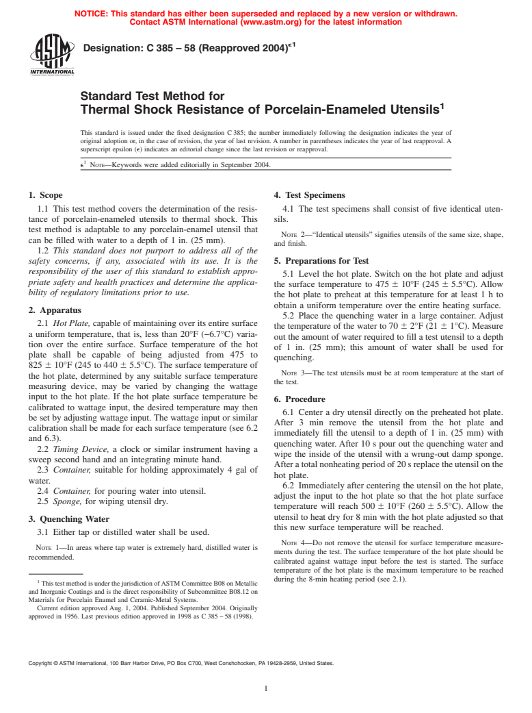 ASTM C385-58(2004)e1 - Standard Test Method for Thermal Shock Resistance of Porcelain-Enameled Utensils