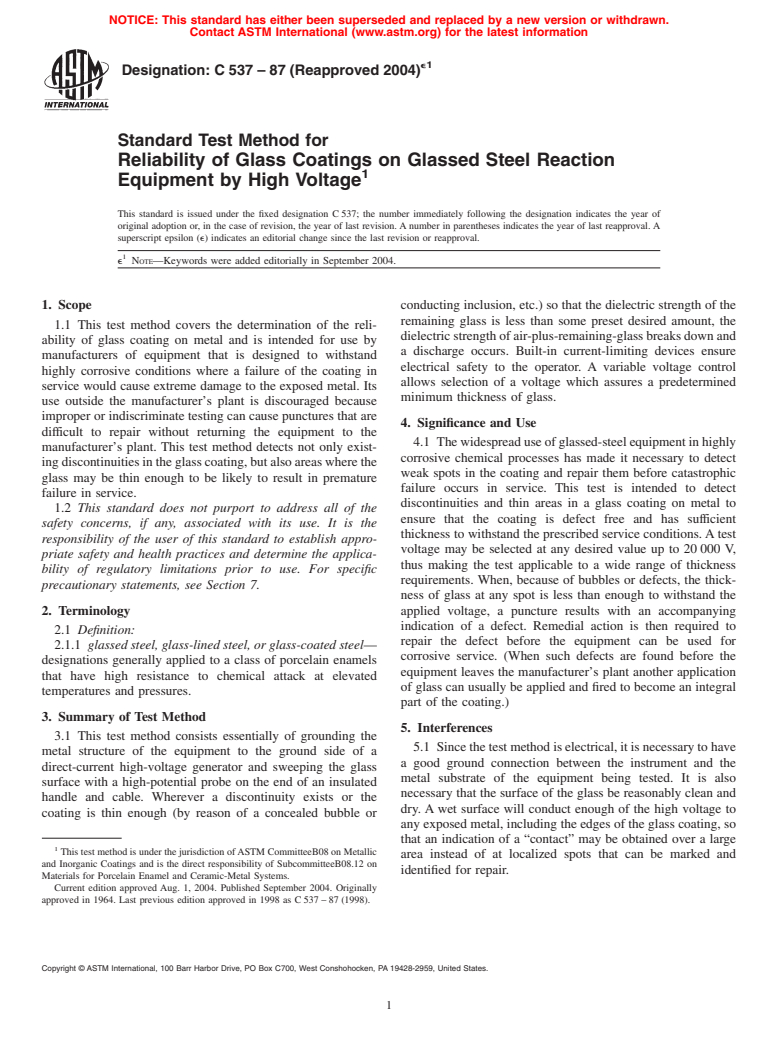 ASTM C537-87(2004)e1 - Standard Test Method for Reliability of Glass Coatings on Glassed Steel Reaction Equipment by High Voltage