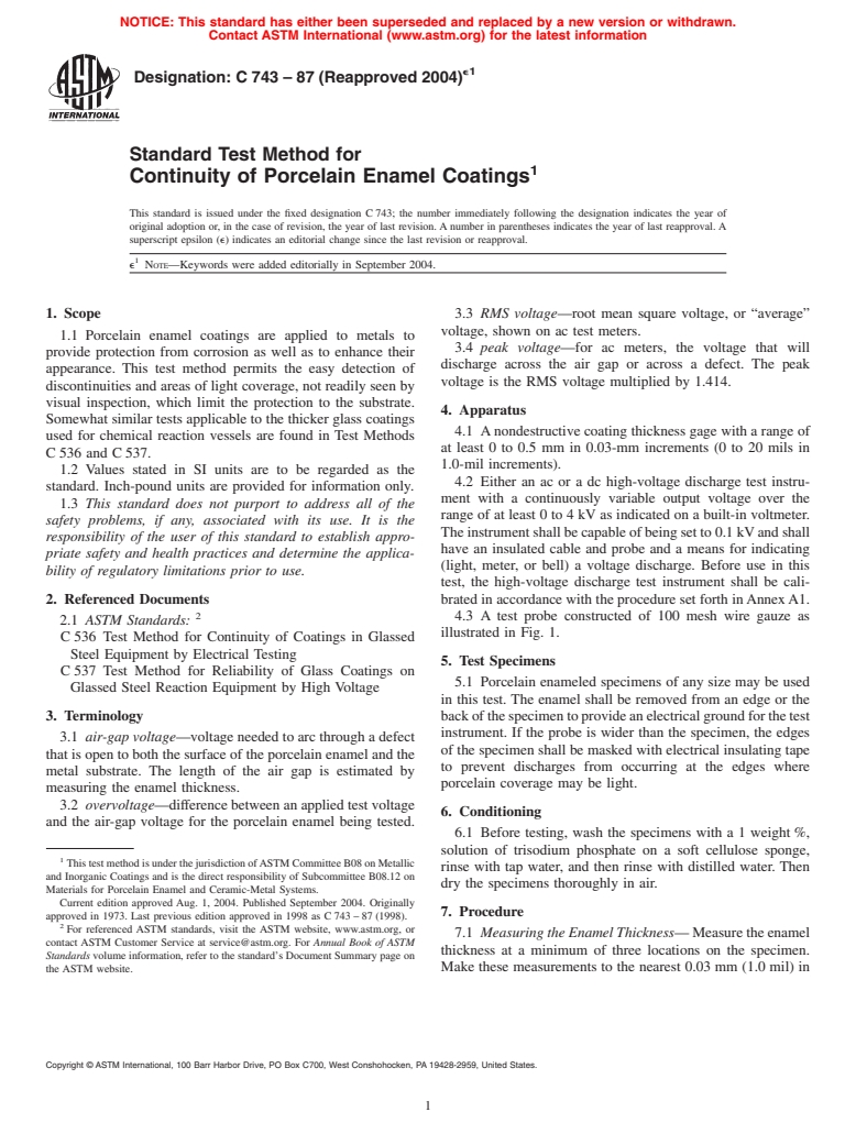 ASTM C743-87(2004)e1 - Standard Test Method for Continuity of Porcelain Enamel Coatings