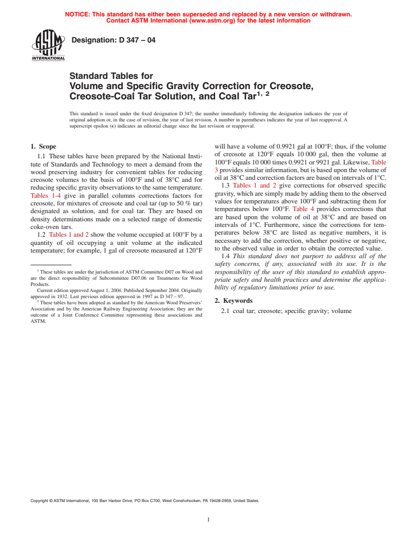 ASTM D347-04 - Standard Tables for Volume and Specific Gravity Correction for Creosote, Creosote-Coal Tar Solution and Coal Tar (Withdrawn 2006)