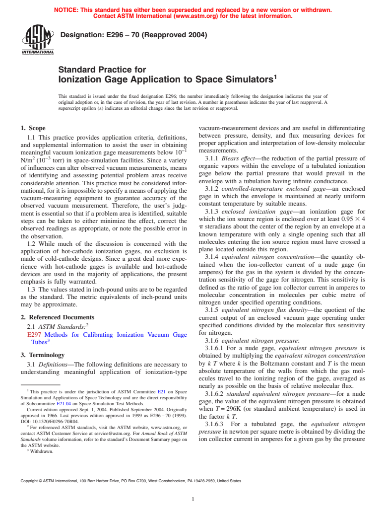 ASTM E296-70(2004) - Standard Practice for Ionization Gage Application to Space Simulators