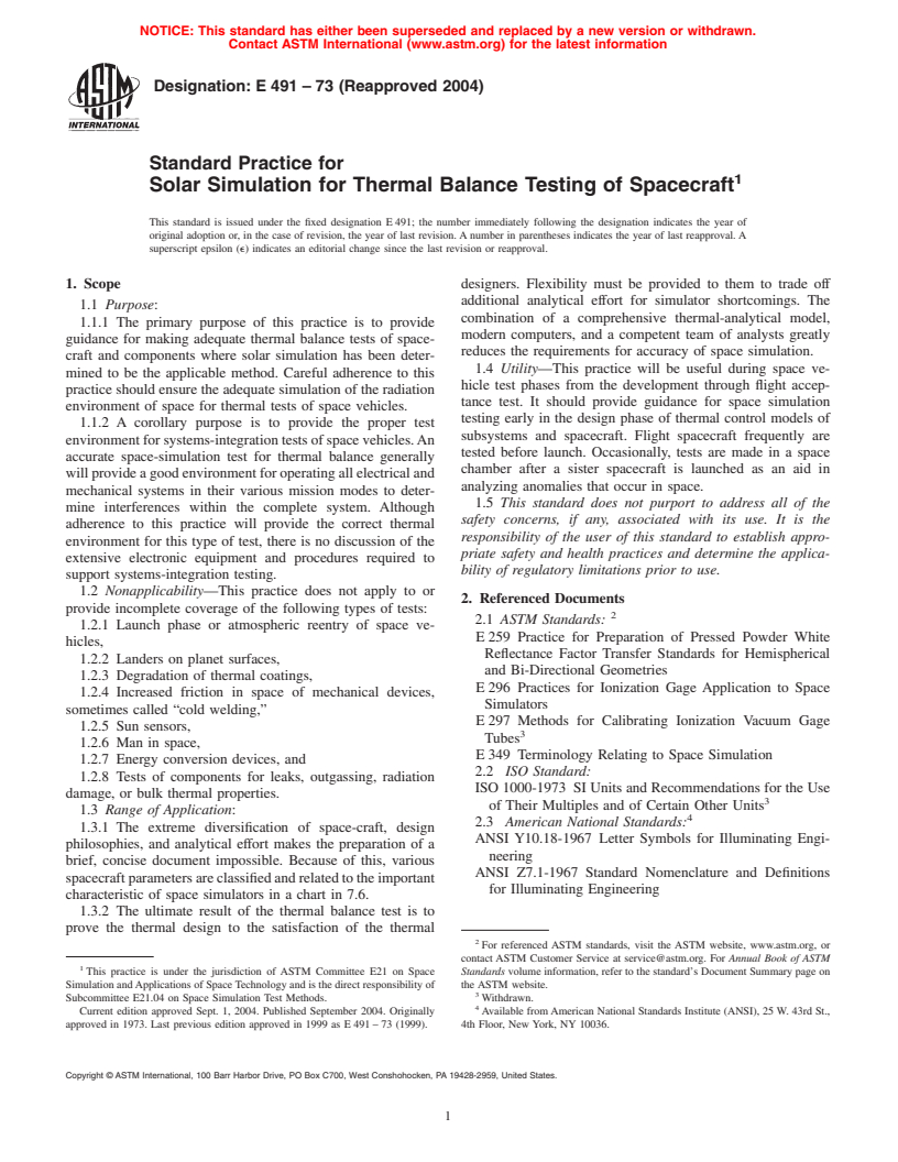 ASTM E491-73(2004) - Standard Practice for Solar Simulation for Thermal Balance Testing of Spacecraft