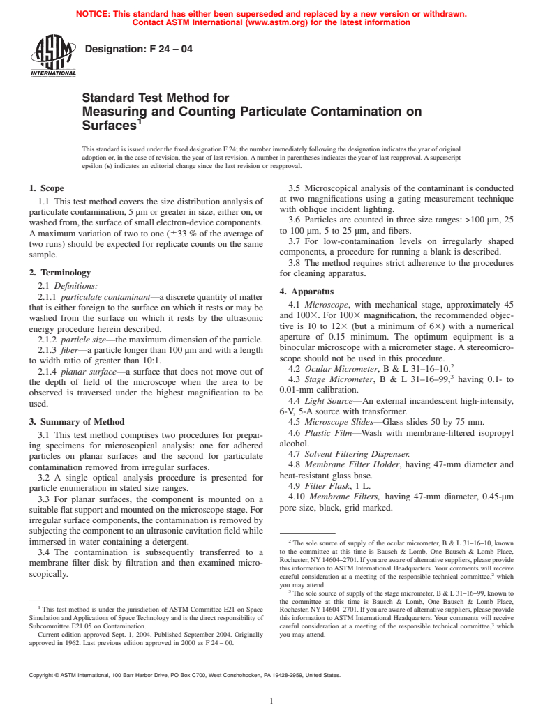 ASTM F24-04 - Standard Method for Measuring and Counting Particulate Contamination on Surfaces