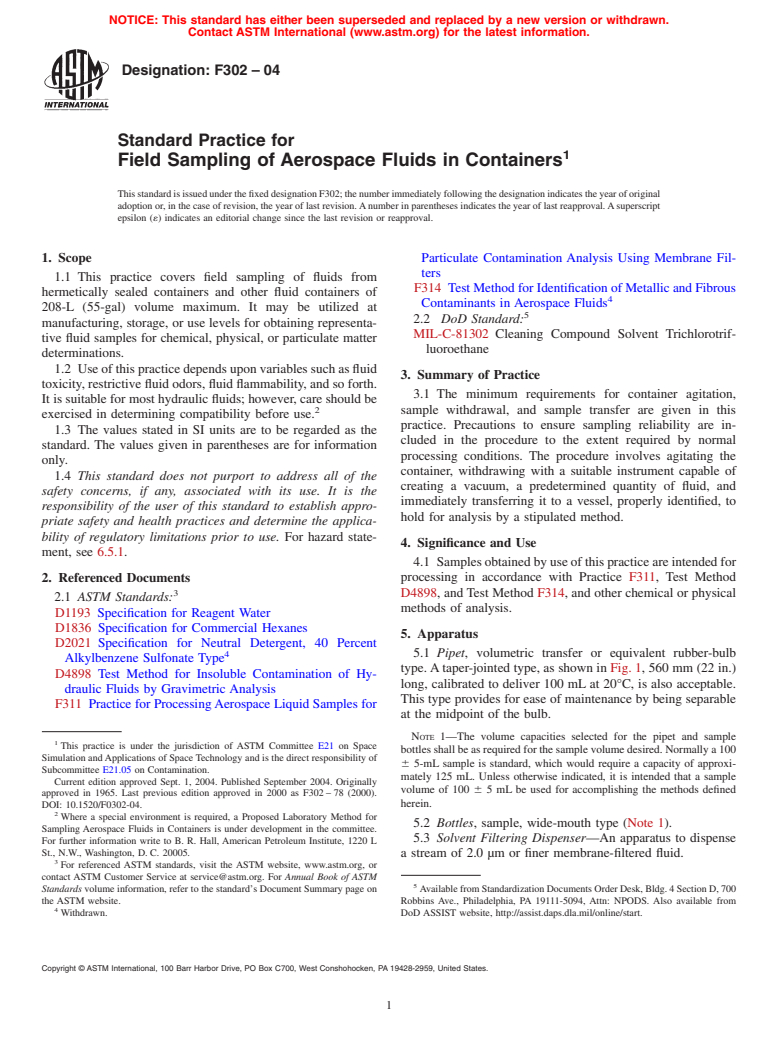 ASTM F302-04 - Standard Practice for Field Sampling of Aerospace Fluids in Containers