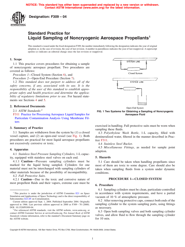 ASTM F309-04 - Standard Practice for Liquid Sampling of Noncryogenic Aerospace Propellants