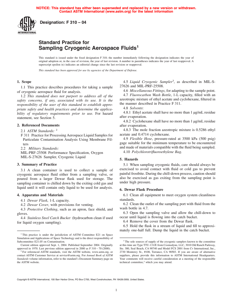 ASTM F310-04 - Standard Practice for Sampling Cryogenic Aerospace Fluids